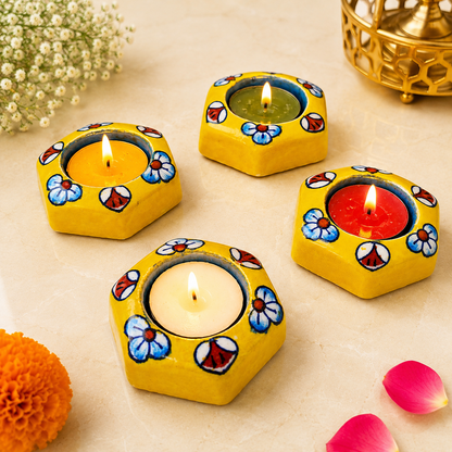 Blue Pottery Yellow Flower Hexagonal Design Tea Lights - Single Piece