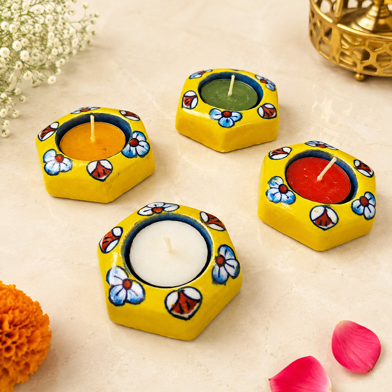 Blue Pottery Yellow Flower Hexagonal Design Tea Lights - Single Piece