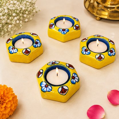 Blue Pottery Yellow Flower Hexagonal Design Tea Lights - Single Piece