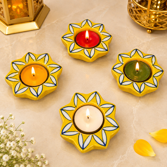 Blue Pottery Yellow Flower Design Tea Lights - Single Piece
