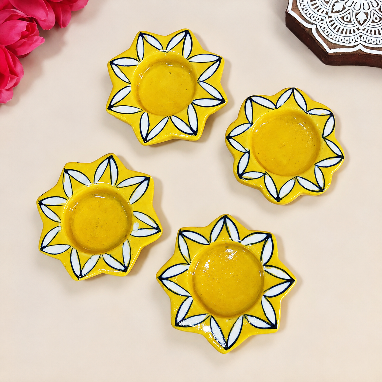 Blue Pottery Yellow Flower Design Tea Lights - Single Piece