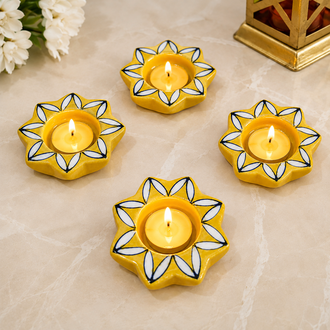 Blue Pottery Yellow Flower Design Tea Lights - Single Piece