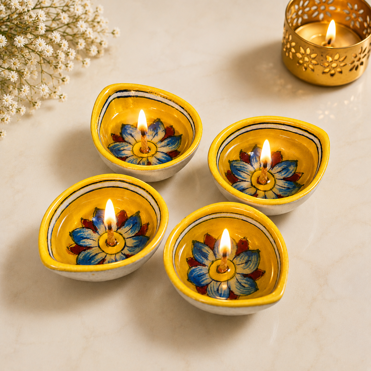 Blue Pottery Yellow Flower Design Diya - Single Piece