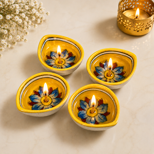 Blue Pottery Yellow Flower Design Diya - Single Piece