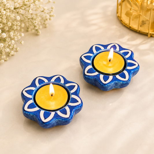 Blue Pottery Blue Flower Design Tea Lights - Single Piece