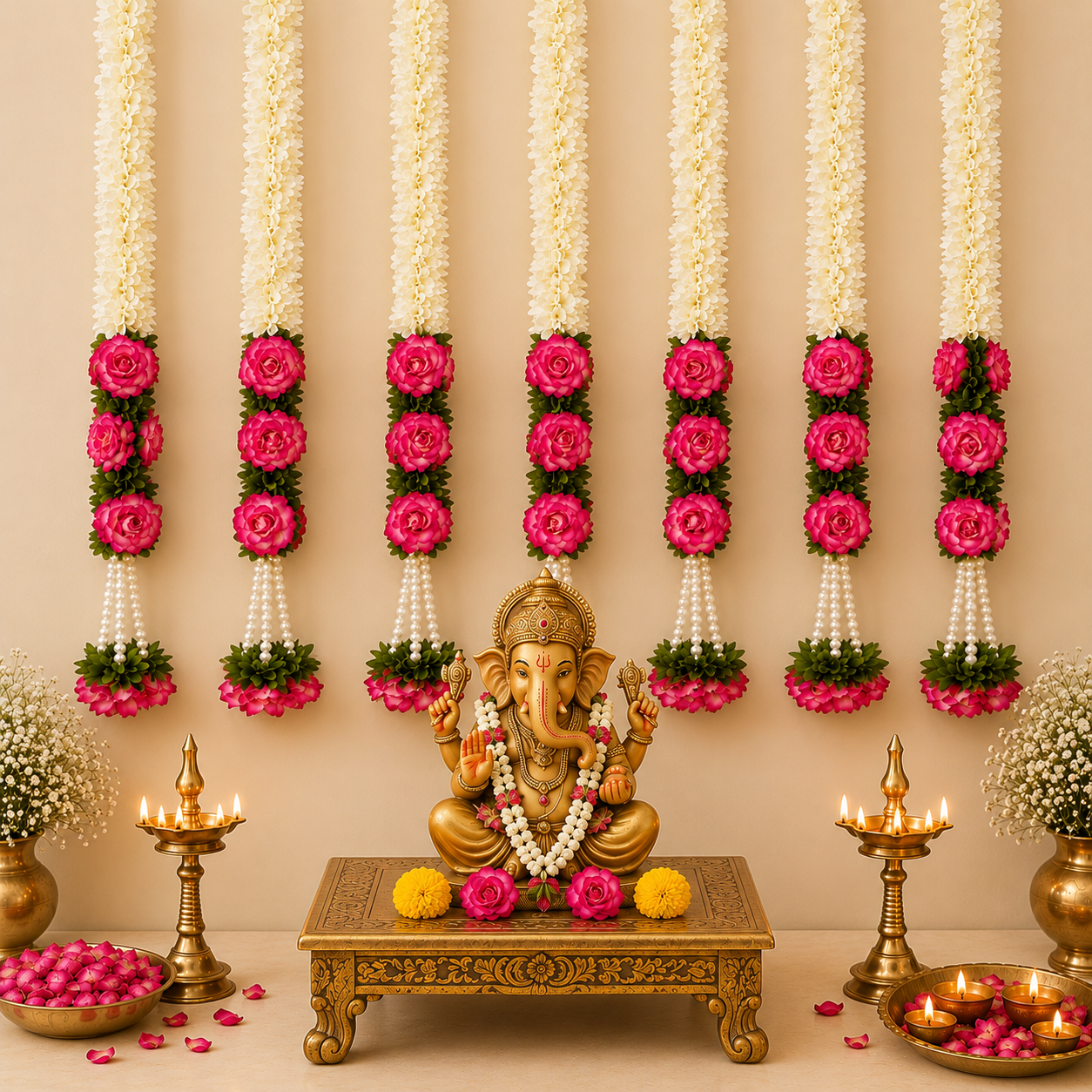 Pink Rose Pearl Tassel Gajra String