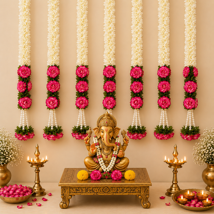 Pink Rose Pearl Tassel Gajra String