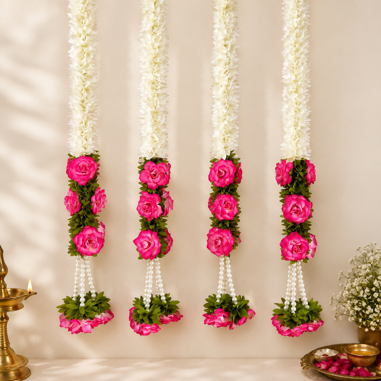Pink Rose Pearl Tassel Gajra String