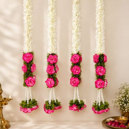 Pink Rose Pearl Tassel Gajra String