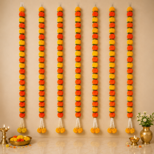 Decorative Yellow And Orange Marigold Flower And Greean Leaves Garland Strings With Rajnigandha Tassel Dangler
