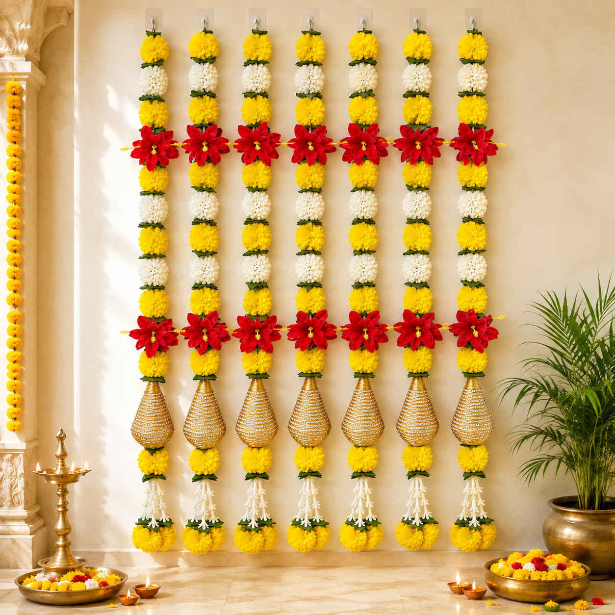 Decorative Yellow Marigold, Rajnigandha, And Diamond Dangler Strings
