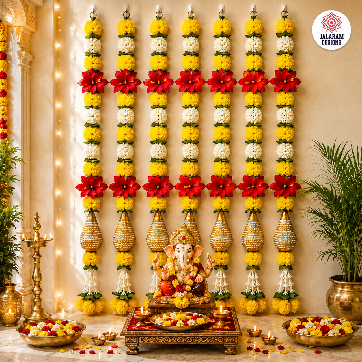 Decorative Yellow Marigold, Rajnigandha, And Diamond Dangler Strings
