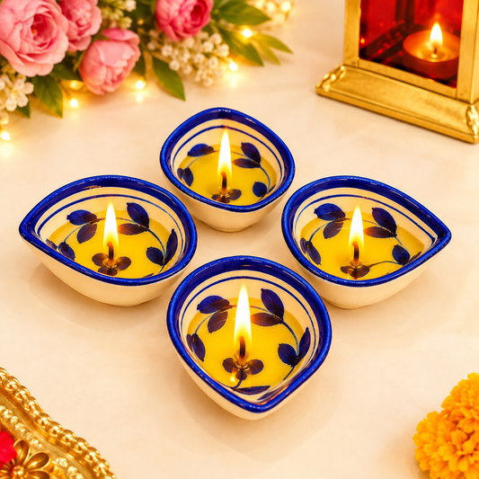Blue Pottery Flower Design Diya - Single Piece