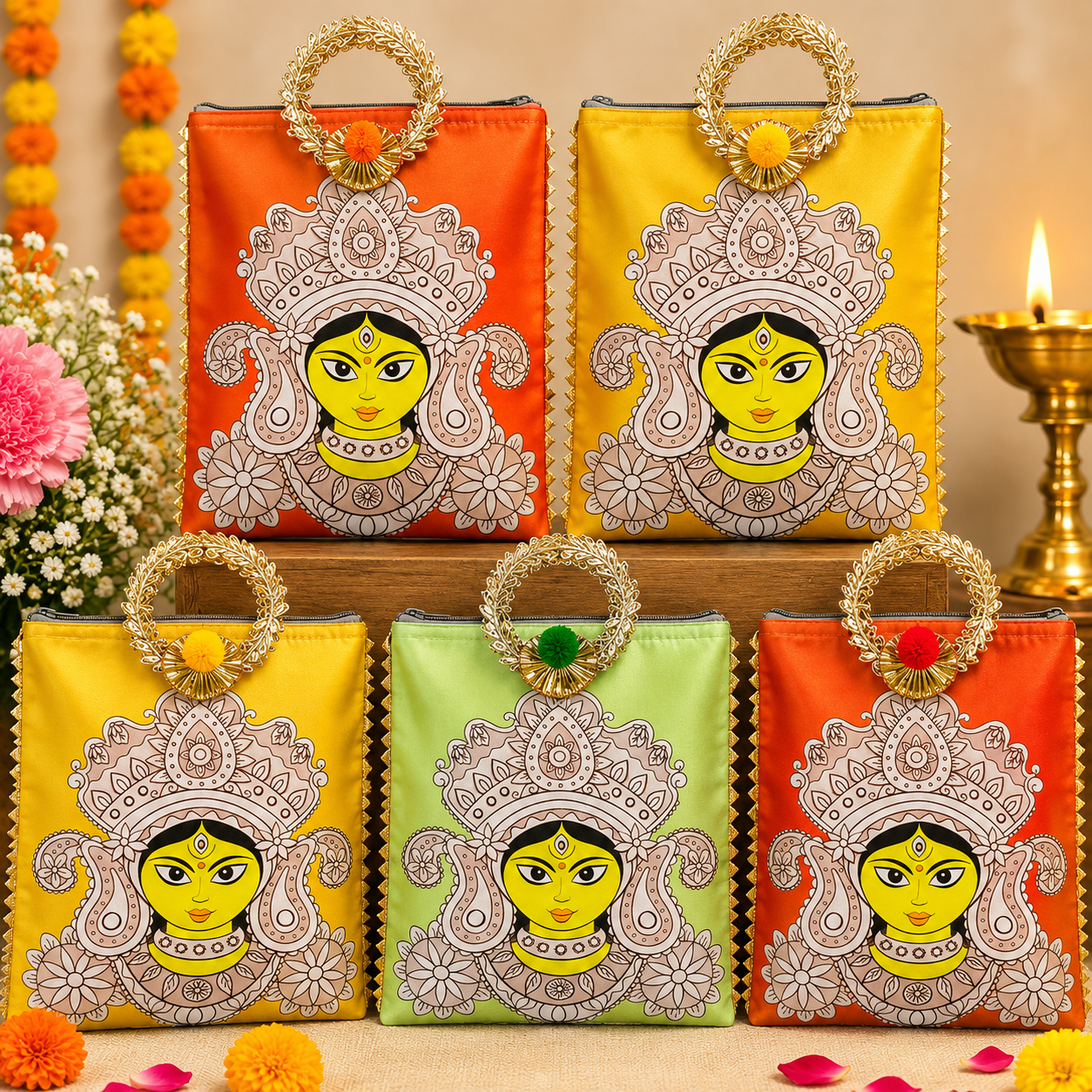 Durga Maa Digital Printed Zipper Bags | Return Gift Bag for Pooja, Navratri | Indian Favor Bag | Festive Gift Bag