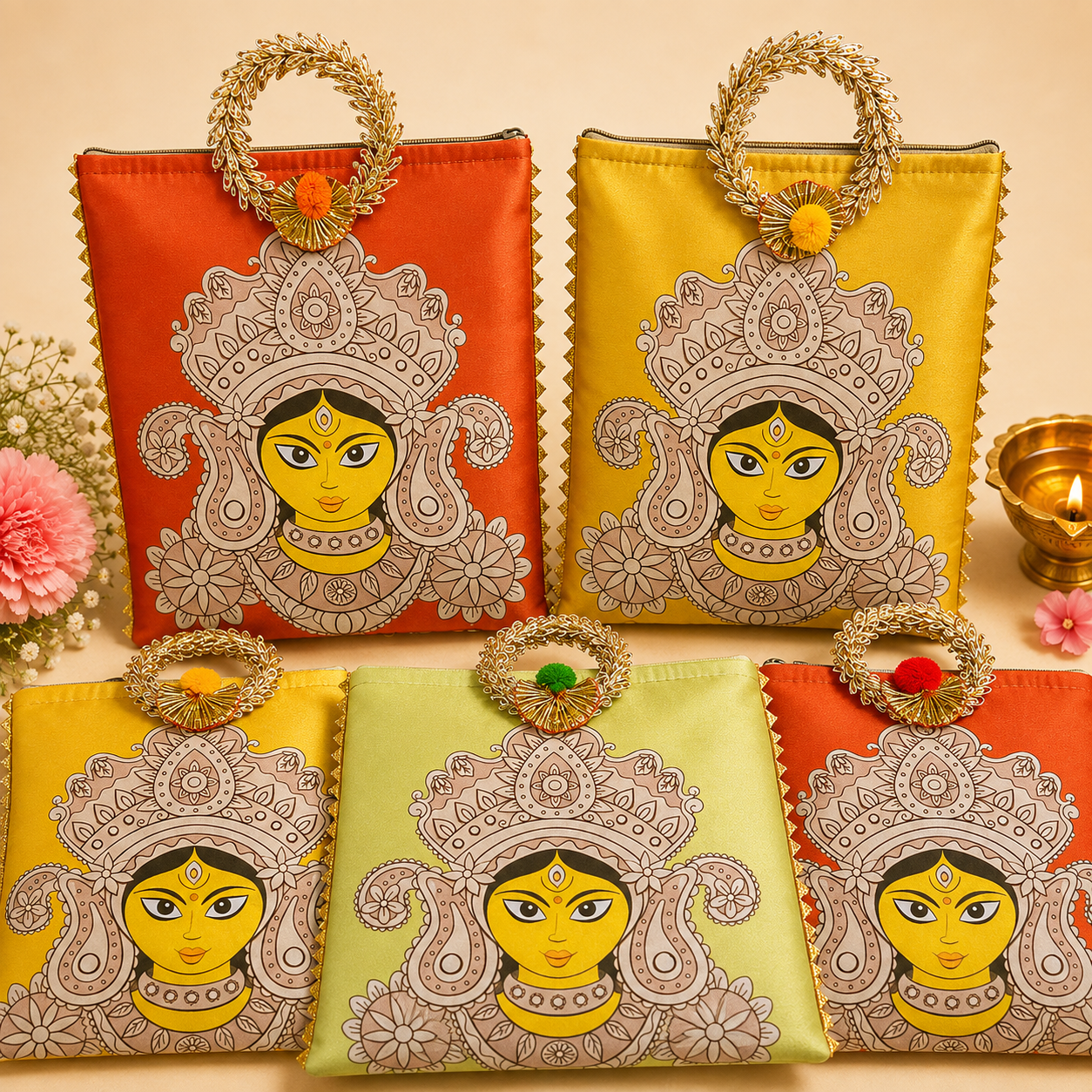 Durga Maa Digital Printed Zipper Bags | Return Gift Bag for Pooja, Navratri | Indian Favor Bag | Festive Gift Bag