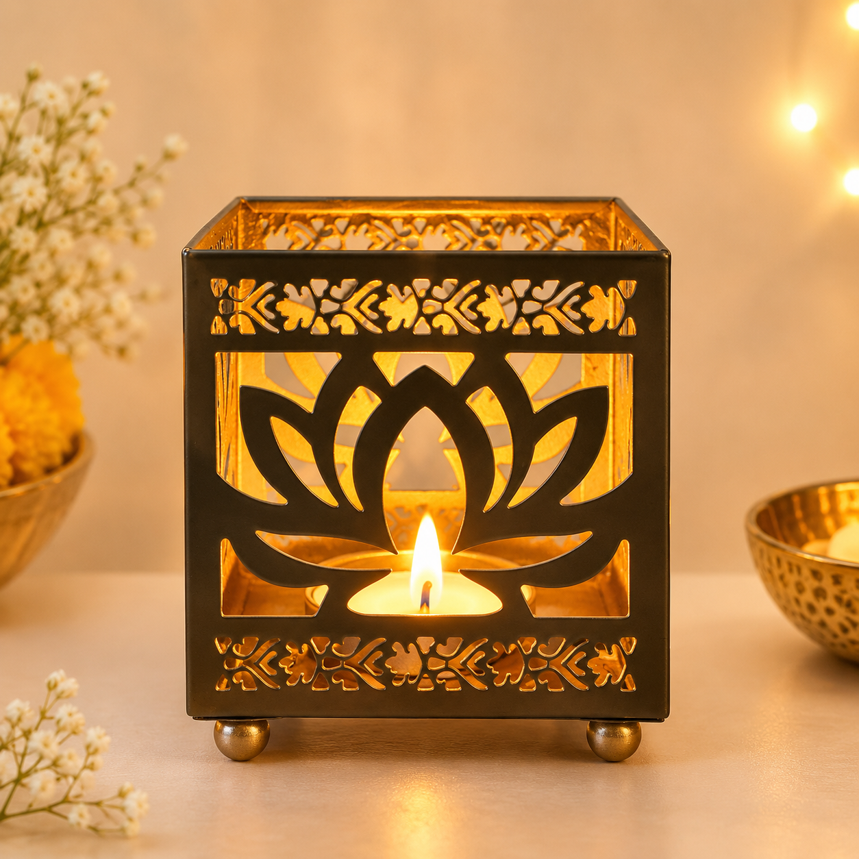 Metal Lotus Shadow Diya (Set Of 2)
