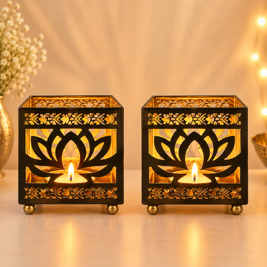 Metal Lotus Shadow Diya (Set Of 2)
