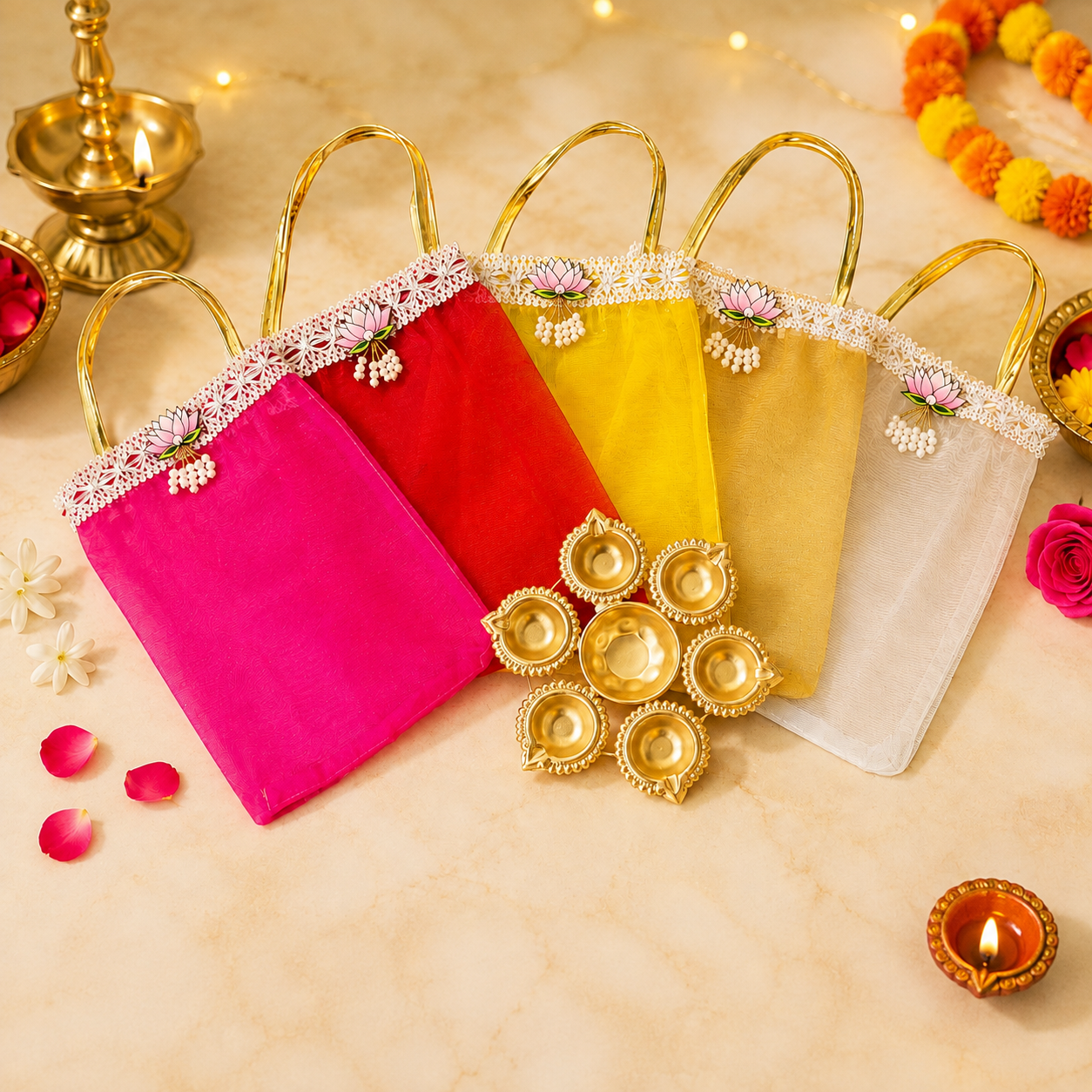 Lotus Motif Tissue Organza Bag & 7 Inch Diya Urli Combo | Festive Gift Set for Diwali & Pooja