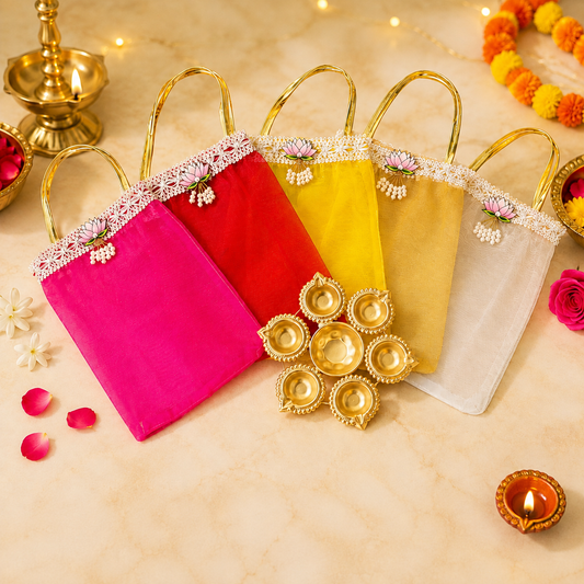 Lotus Motif Tissue Organza Bag & 7 Inch Diya Urli Combo | Festive Gift Set for Diwali & Pooja