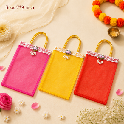 Multicolor Lotus Motif Organza Return Gift Bag – 7x9 Inch | Elegant Festive & Pooja Favor Bag