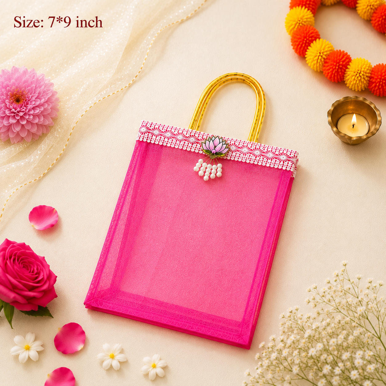 Multicolor Lotus Motif Organza Return Gift Bag – 7x9 Inch | Elegant Festive & Pooja Favor Bag