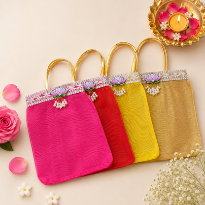 Multicolor Lotus Motif Organza Return Gift Bag – 7x9 Inch | Elegant Festive & Pooja Favor Bag