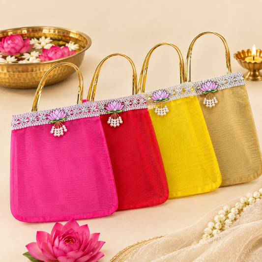 Multicolor Lotus Motif Organza Return Gift Bag – 7x9 Inch | Elegant Festive & Pooja Favor Bag