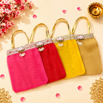 Multicolor Lotus Motif Organza Return Gift Bag – 7x9 Inch | Elegant Festive & Pooja Favor Bag