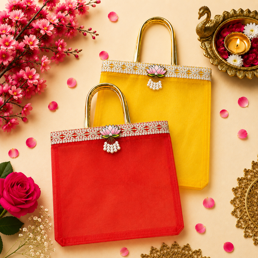 Multicolor Lotus Motif Organza Return Gift Bag – 7x9 Inch | Elegant Festive & Pooja Favor Bag