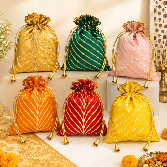 Gota Lace Potli Bags | Assorted Return Gift Bags | Wedding Favor Bags | Festive Giveaway Pouches | 7x9 Inch Drawstring Potli