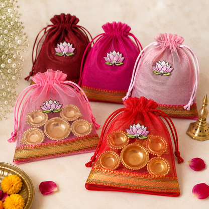 Lotus Cut Brocade Border Potli Bag with Diya Urli