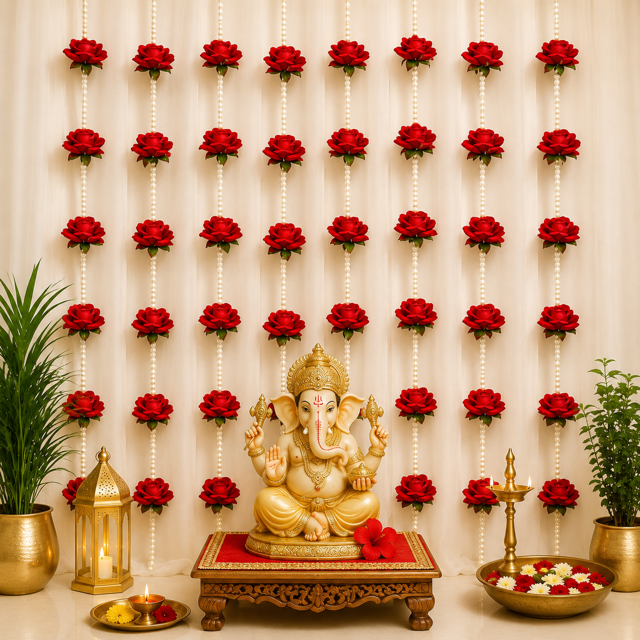 Red Rose and White Pearl Decorative Garland/Stream for Ganesh,Navratra, Diwali and Other Festivals and Occasions