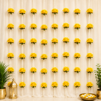 Yellow Rose and White Pearl Decorative Garland/Stream for Ganesh,Navratra, Diwali and Other Festivals and Occasions