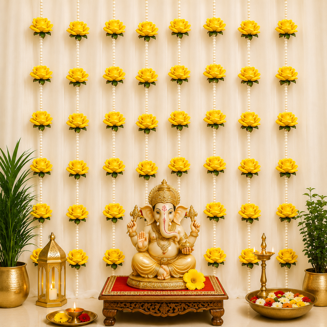 Yellow Rose and White Pearl Decorative Garland/Stream for Ganesh,Navratra, Diwali and Other Festivals and Occasions