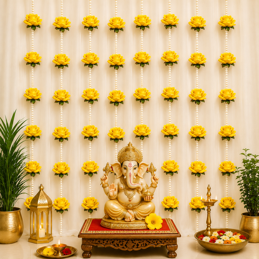 Yellow Rose and White Pearl Decorative Garland/Stream for Ganesh,Navratra, Diwali and Other Festivals and Occasions