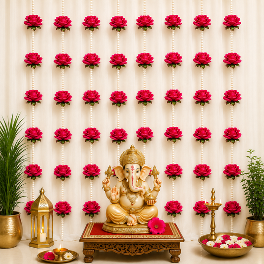 Dark Pink Rose and White Pearl Decorative Garland/Stream for Ganesh,Navratra, Diwali and Other Festivals and Occasions