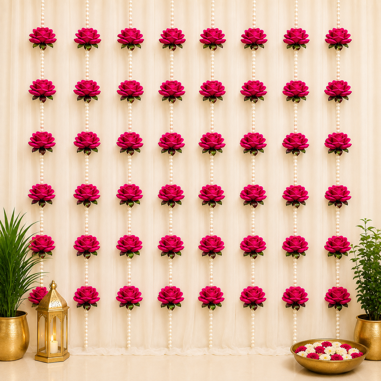 Dark Pink Rose and White Pearl Decorative Garland/Stream for Ganesh,Navratra, Diwali and Other Festivals and Occasions