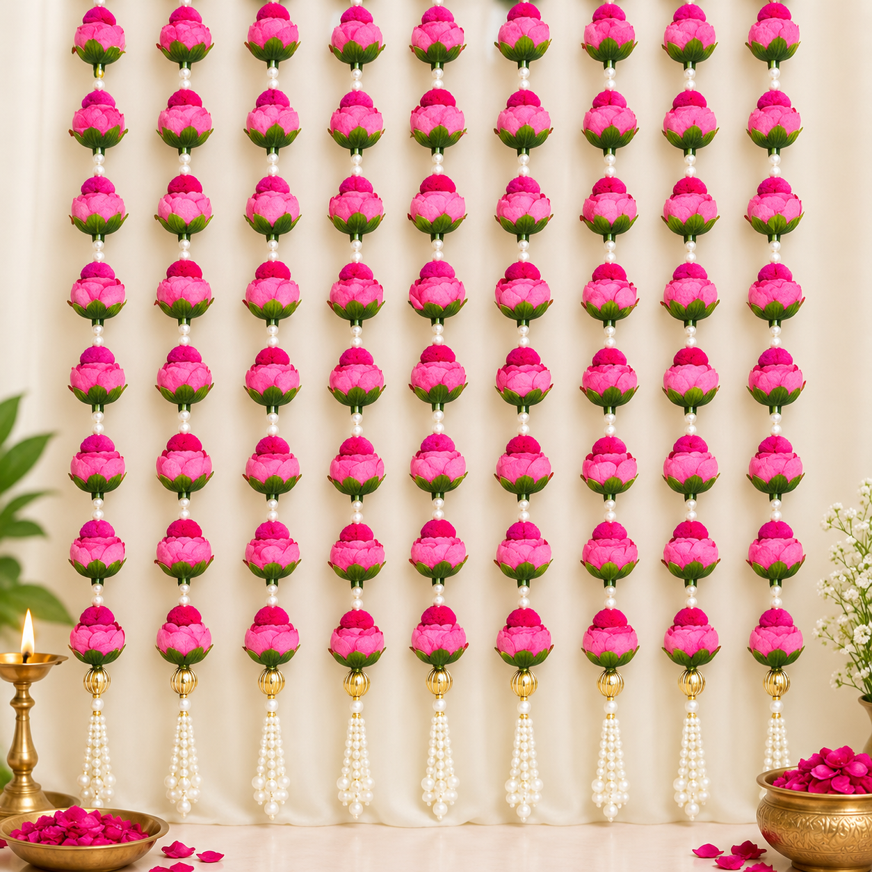 Pink Peony Rose & Pearl Latkan – Elegant Hanging Decoration for Pooja, Festivals, Home Temple, Door, and Backdrop Decor – Handmade Floral Tassel with Artificial Flowers and Beads