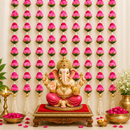 Pink Peony Rose & Pearl Latkan – Elegant Hanging Decoration for Pooja, Festivals, Home Temple, Door, and Backdrop Decor – Handmade Floral Tassel with Artificial Flowers and Beads