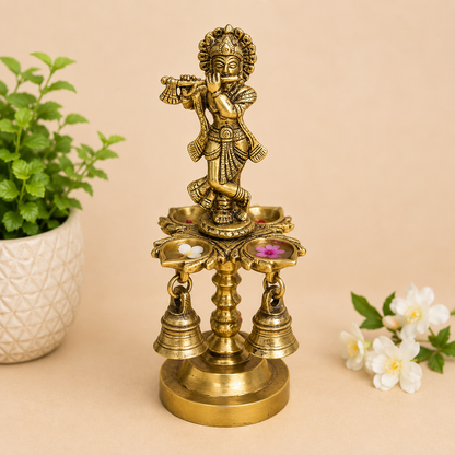 Brass Krishna Diya with Bell