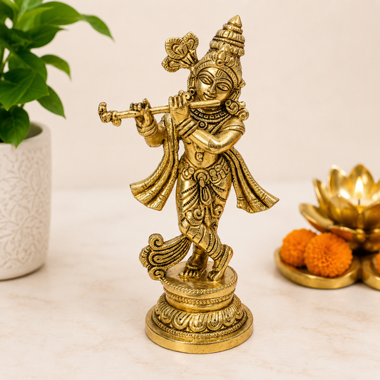 Brass Handcrafted Lord Krishna Idol - Unique Divine Sculpture | For Temple, Home, Office, Pooja, Decor, Gifts