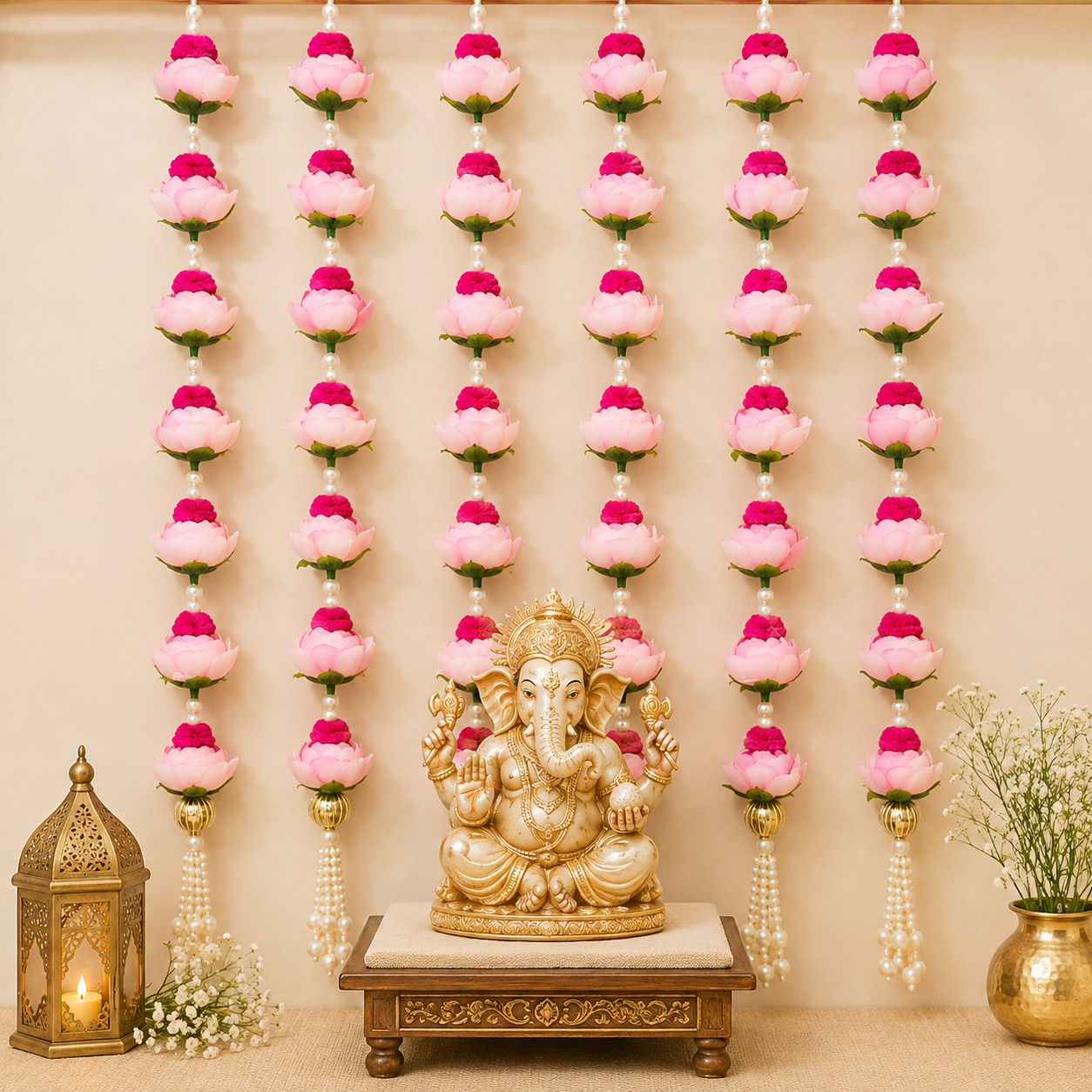 Light Pink Peony Rose & Pearl Latkan – Elegant Hanging Decoration for Pooja, Festivals, Home Temple, Door, and Backdrop Decor – Handmade Floral Tassel with Artificial Flowers and Beads