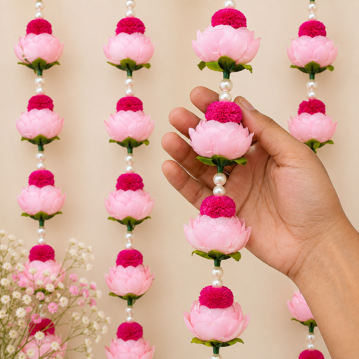 Light Pink Peony Rose & Pearl Latkan – Elegant Hanging Decoration for Pooja, Festivals, Home Temple, Door, and Backdrop Decor – Handmade Floral Tassel with Artificial Flowers and Beads