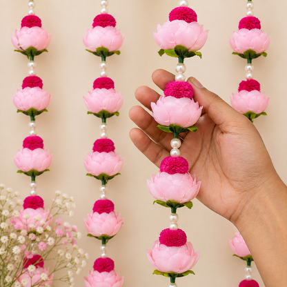 Light Pink Peony Rose & Pearl Latkan – Elegant Hanging Decoration for Pooja, Festivals, Home Temple, Door, and Backdrop Decor – Handmade Floral Tassel with Artificial Flowers and Beads