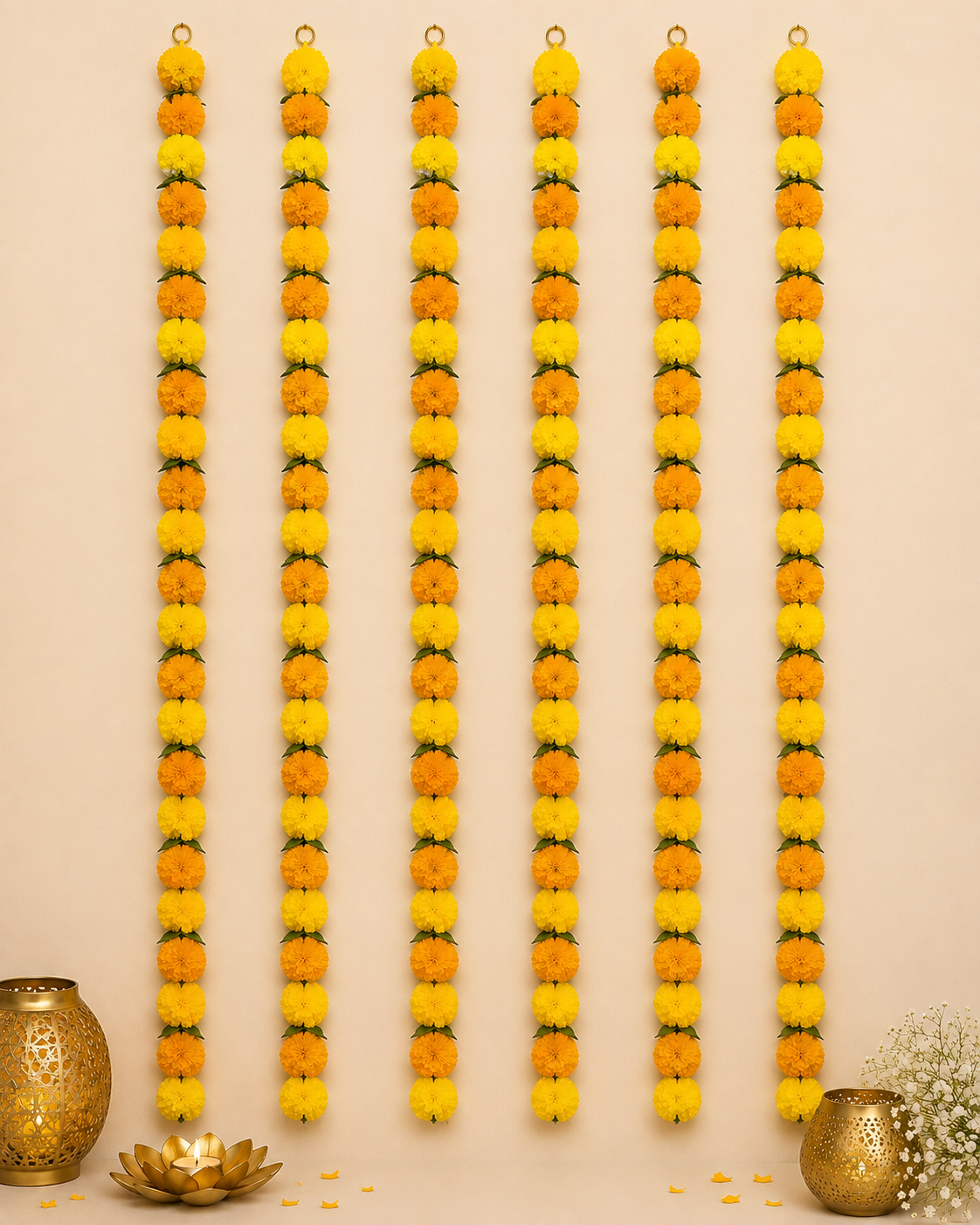 Decorative Lemon Yellow And Mango Yellow  Marigold Flower And Green Leaves Garland Strings