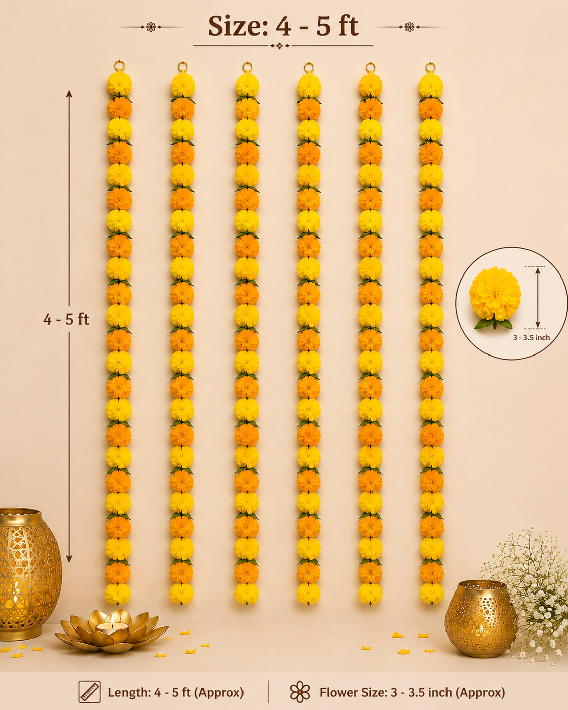 Decorative Lemon Yellow And Mango Yellow  Marigold Flower And Green Leaves Garland Strings