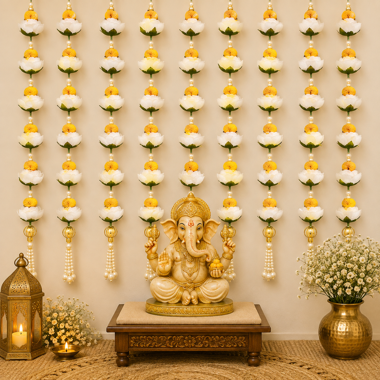 White Peony Rose & Pearl Latkan – Elegant Hanging Decoration for Pooja, Festivals, Home Temple, Door, and Backdrop Decor – Handmade Floral Tassel with Artificial Flowers and Beads