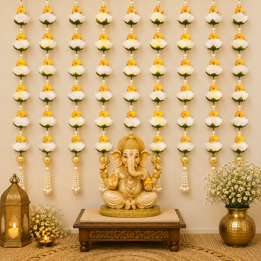 White Peony Rose & Pearl Latkan – Elegant Hanging Decoration for Pooja, Festivals, Home Temple, Door, and Backdrop Decor – Handmade Floral Tassel with Artificial Flowers and Beads