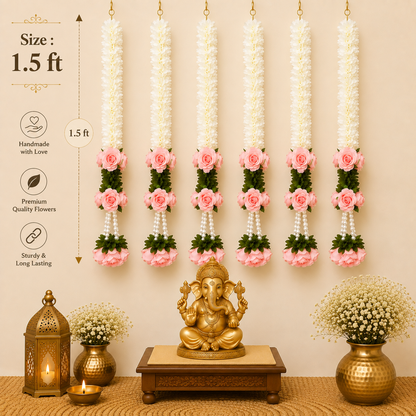 Pink Peach Rose Pearl Tassel Gajra String