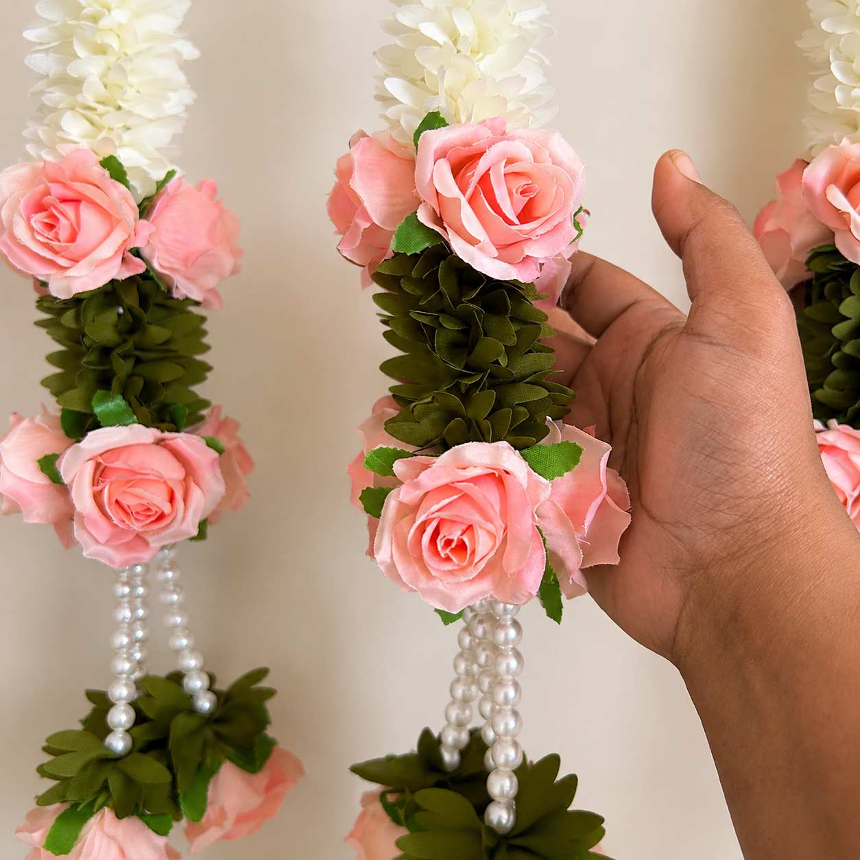 Pink Peach Rose Pearl Tassel Gajra String
